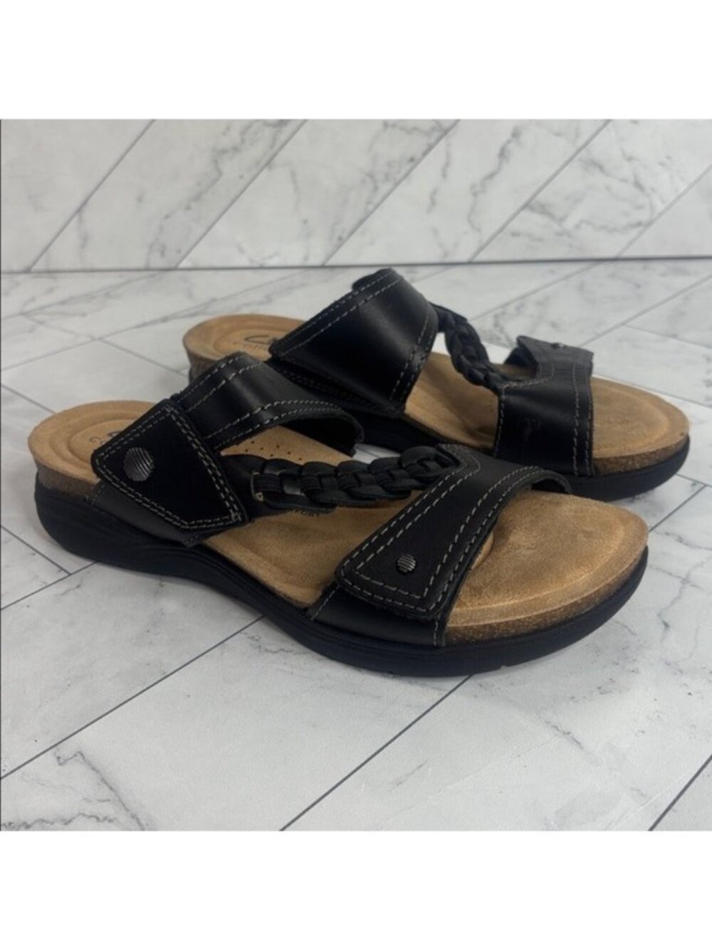 NWT Clarks Womens April Raelyn Black Leather Slide Sandals Size 6M - Picture 4 of 11